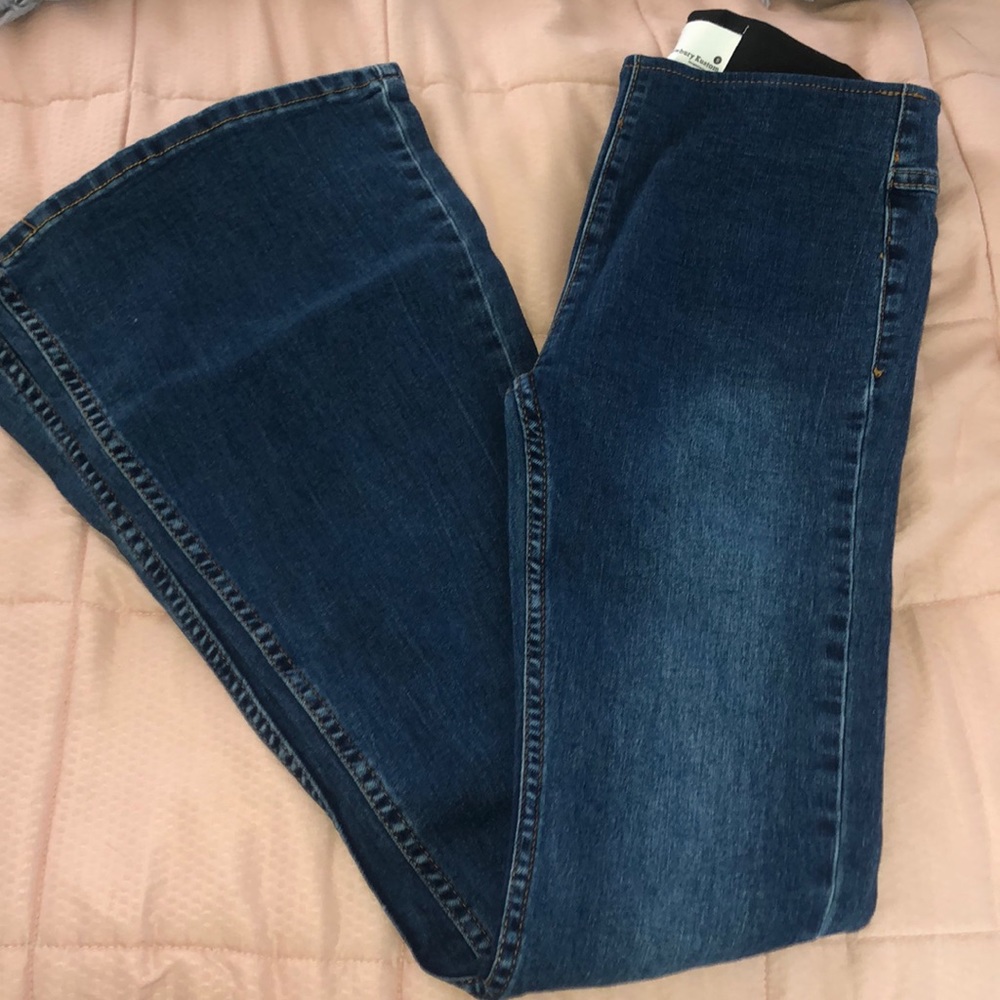Medium wash denim flares
